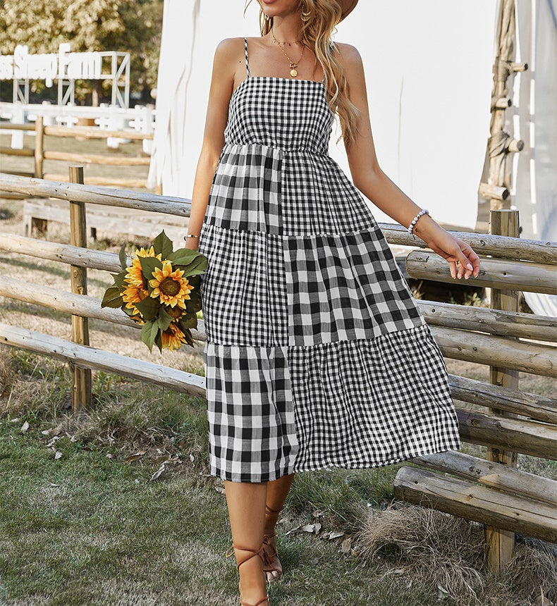 Elena Bohemian Plaid Spaghetti Strap Maxi Dress
