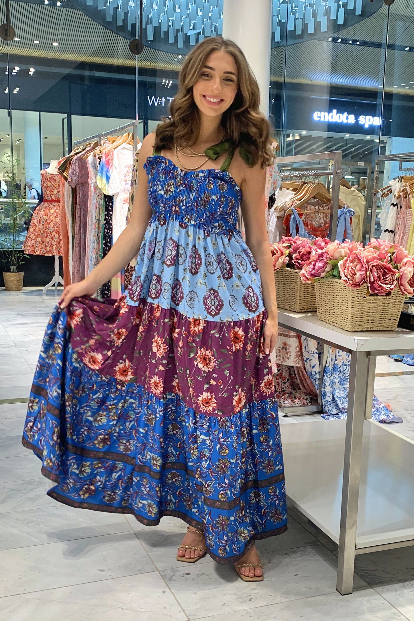 Floral Bohemian Tiered Maxi Dress with Satin Tie Straps CR1124-001