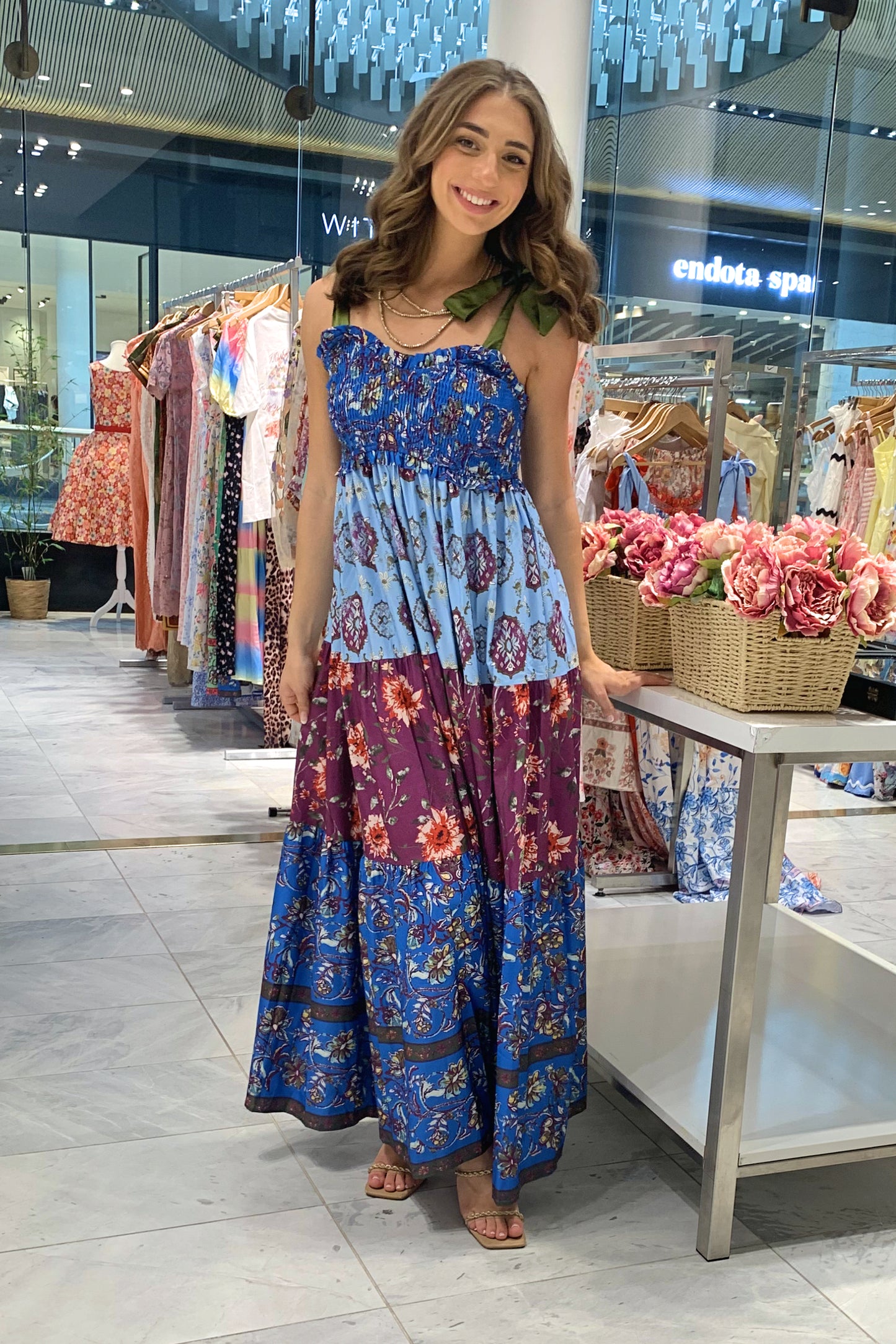Floral Bohemian Tiered Maxi Dress with Satin Tie Straps CR1124-001