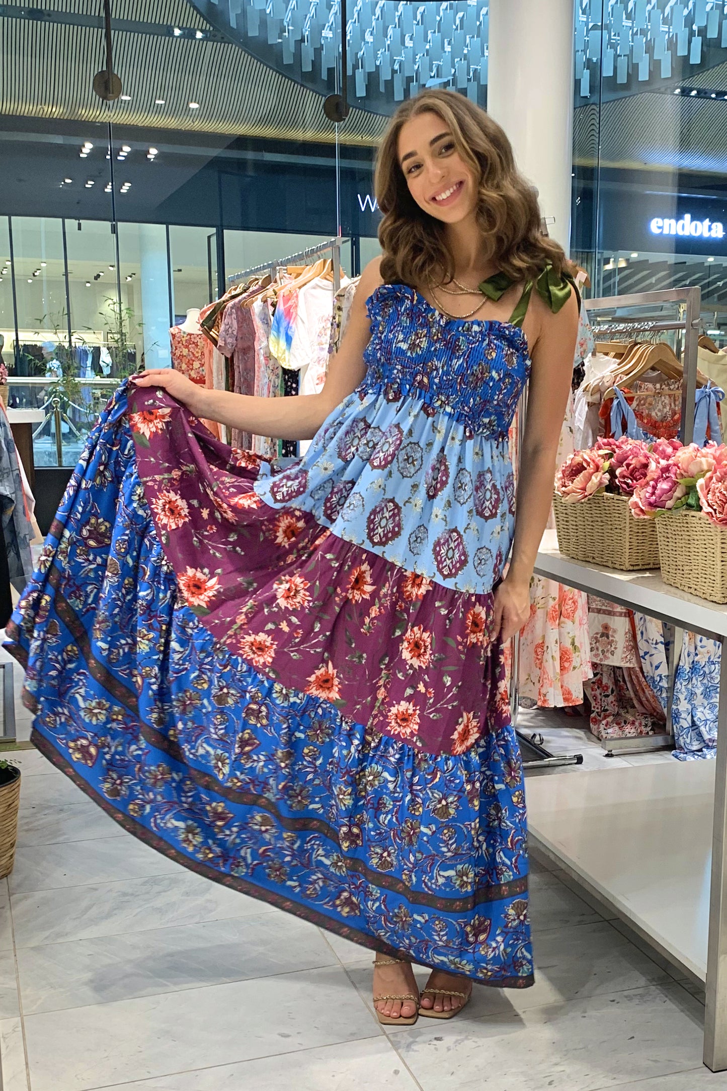 Floral Bohemian Tiered Maxi Dress with Satin Tie Straps CR1124-001
