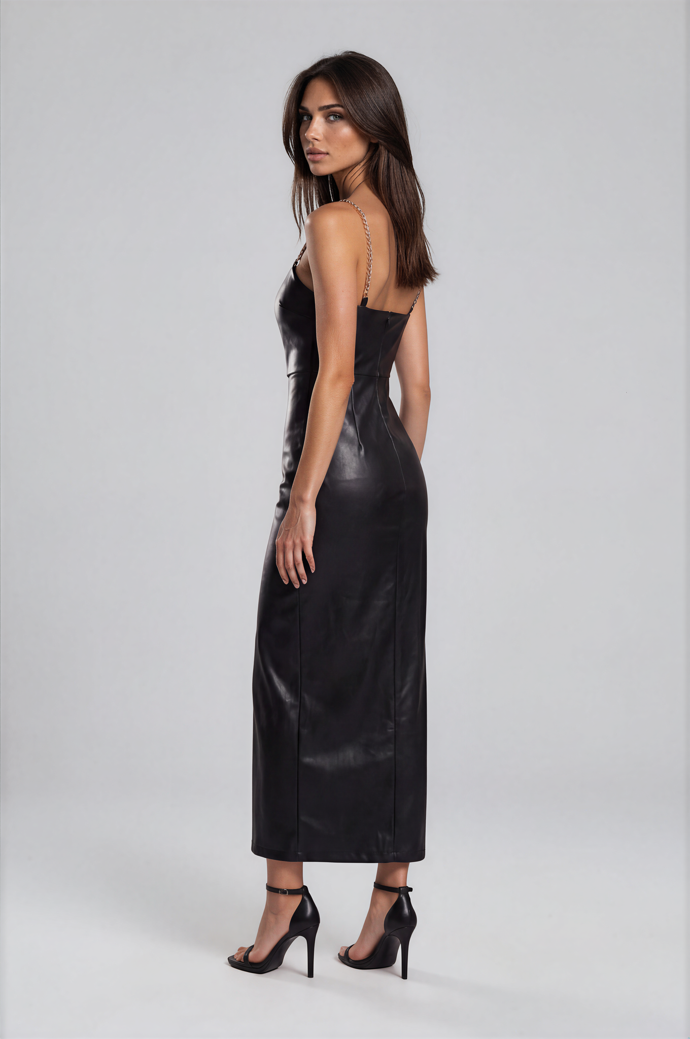 Luxury Range Black Faux Leather Chain Strap Cut-Out Evening Gown NDS-025