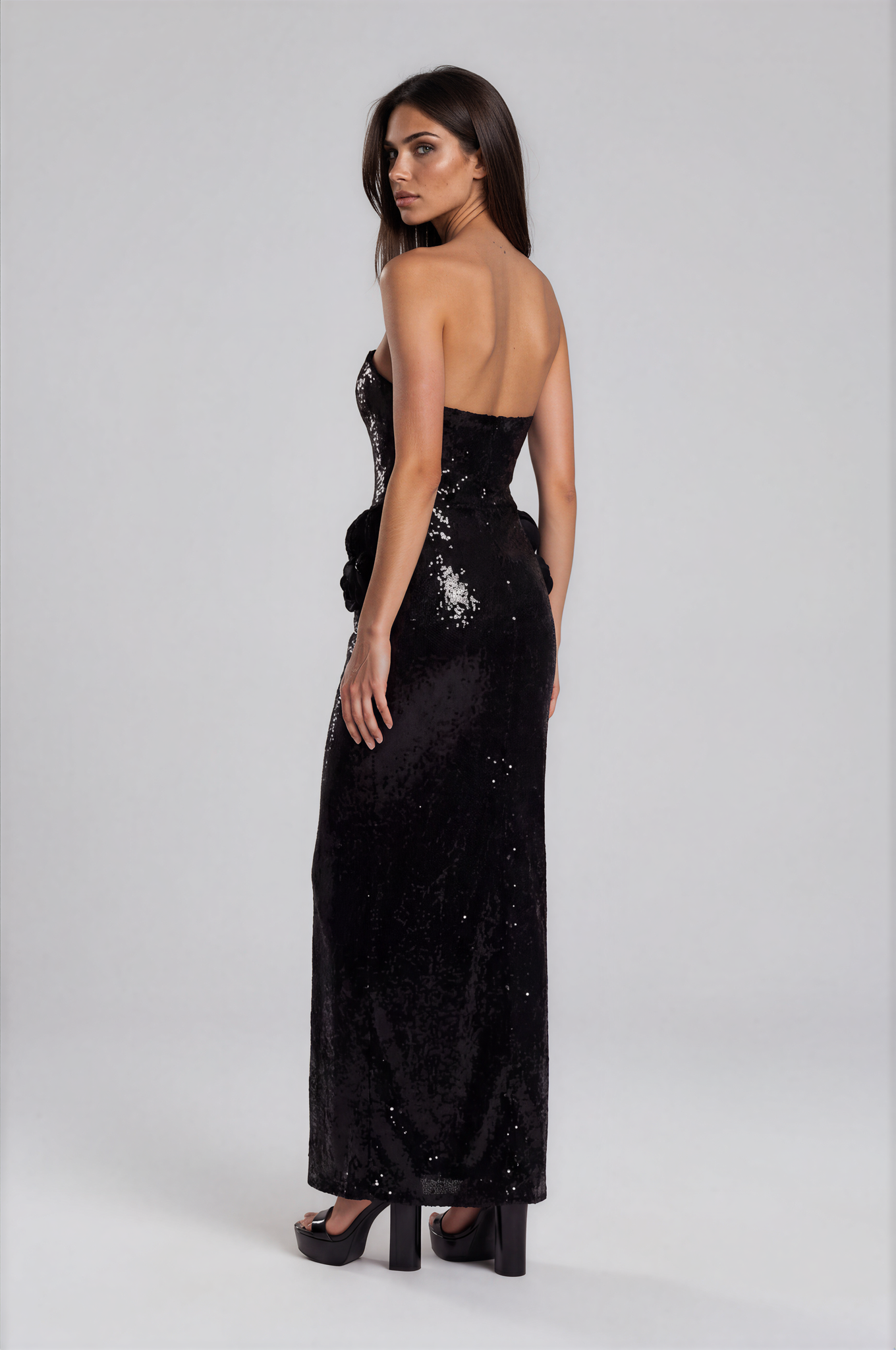 Luxury Range Black Plunge Neckline Shimmering Sequin Gown NDS-046