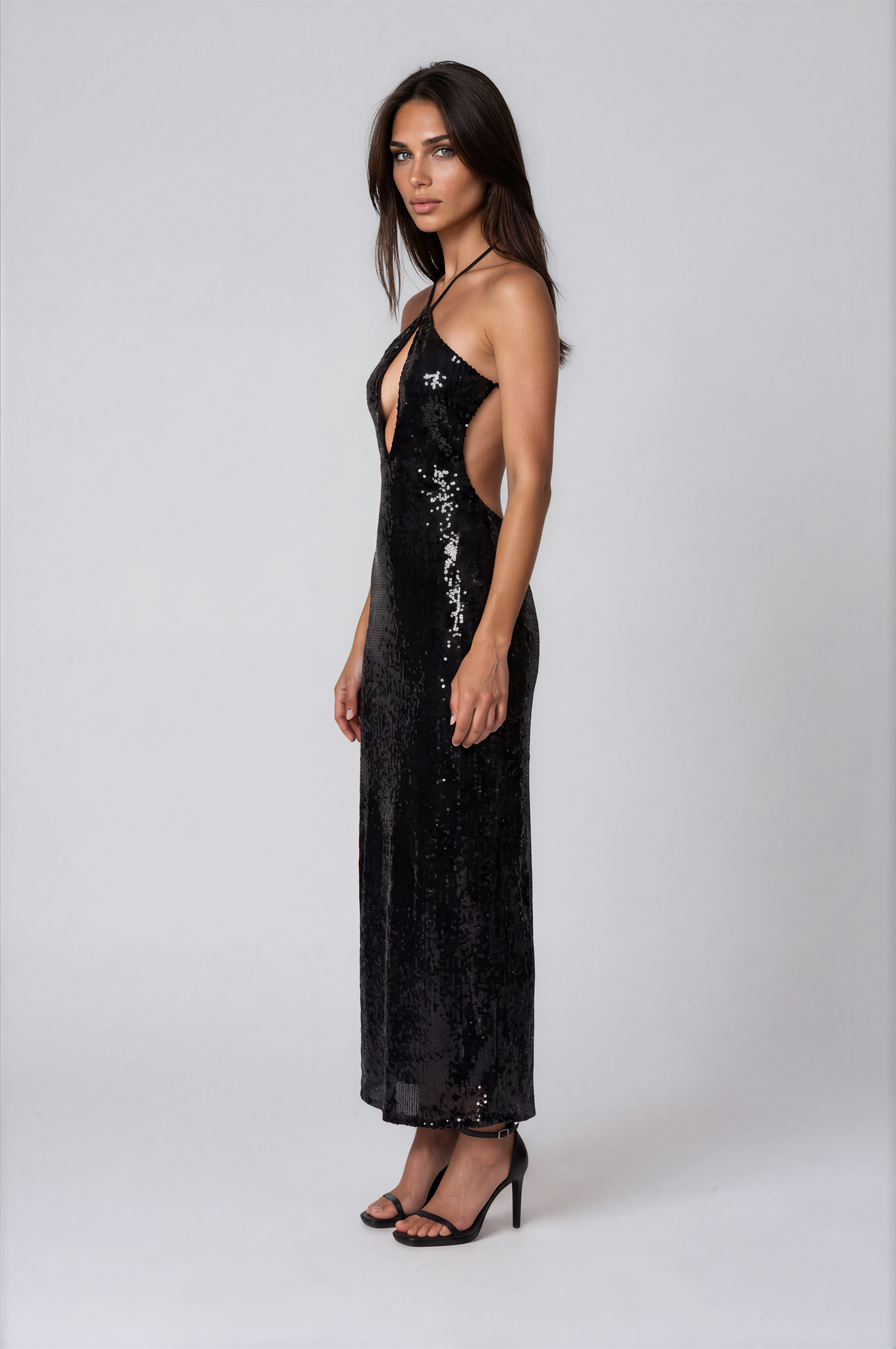 Luxury Range Black Sequin Halter Maxi Dress NDS-0019