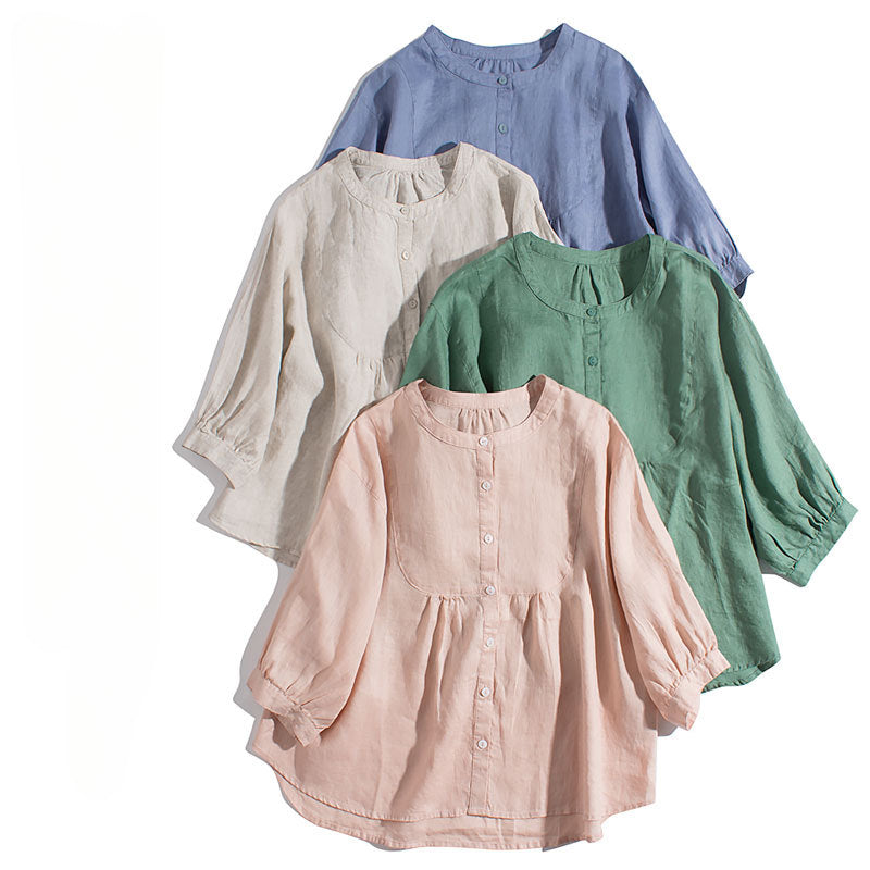 Button-Up Linen Blouse with Puff Sleeves CRLinen1216-002
