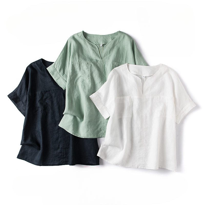 Casual Linen Blouse with V-Neck Design CRLinen1216-098