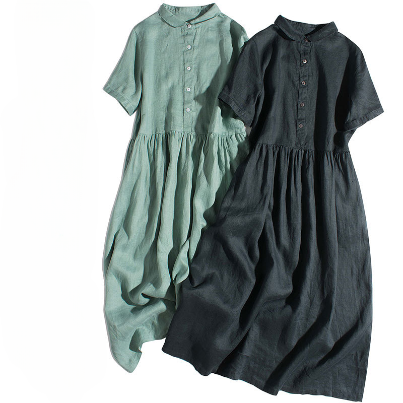Button-Down Pleated Midi Dress CRLinen1216-028