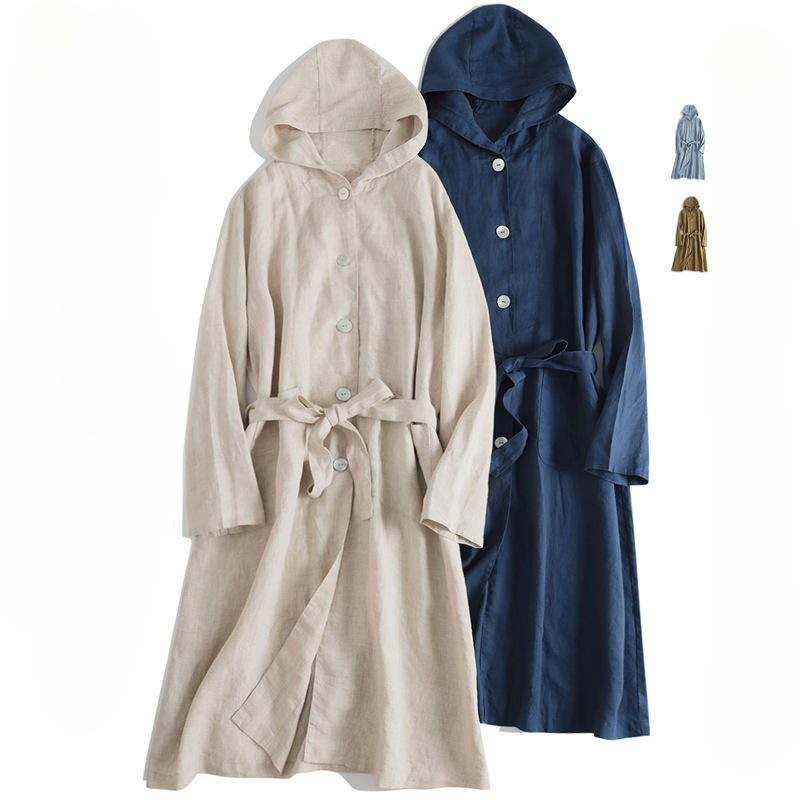 Casual Hooded Buttoned Long Coat with Belt CRLinen1216-117
