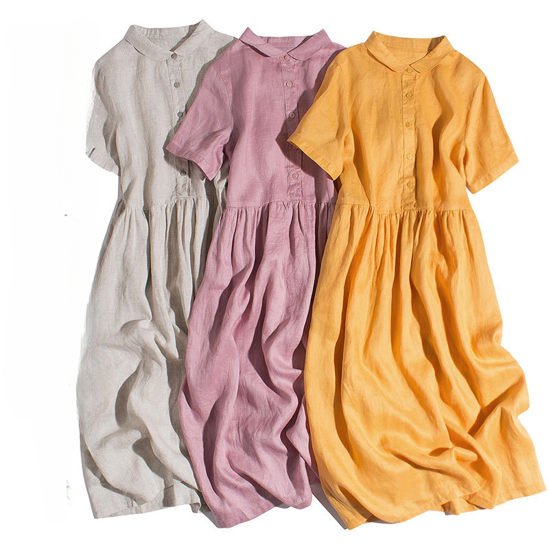 Button-Down Pleated Midi Dress CRLinen1216-028