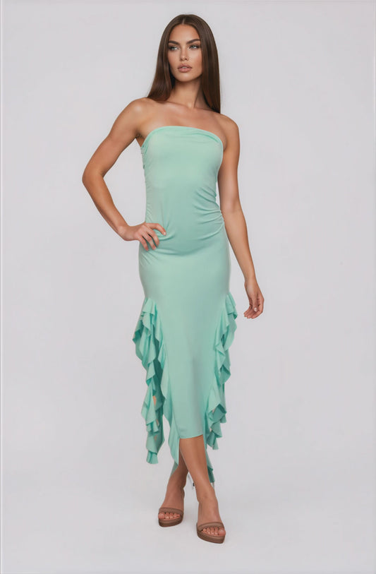 Ruffle Strapless Midi Dress NDS-036