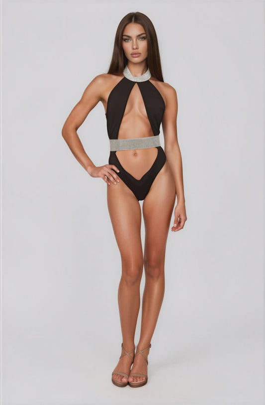 Luxury Rhinestone Cut-Out One-Piece Swimsuit NDS-045