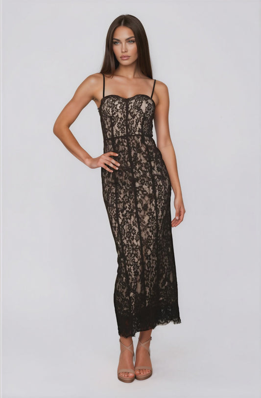 Luxe Floral Black Lace Midi Dress NDS-043