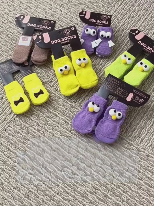4 PCs Cute Cartoon Pet Socks – Four Seasons Knitted Non-Slip Cotton Socks for Dogs & Cats