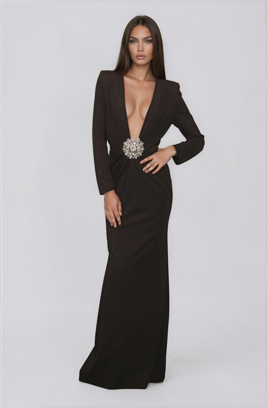 Black Plunge Neckline Crystal Embellishment Gown NDS-039